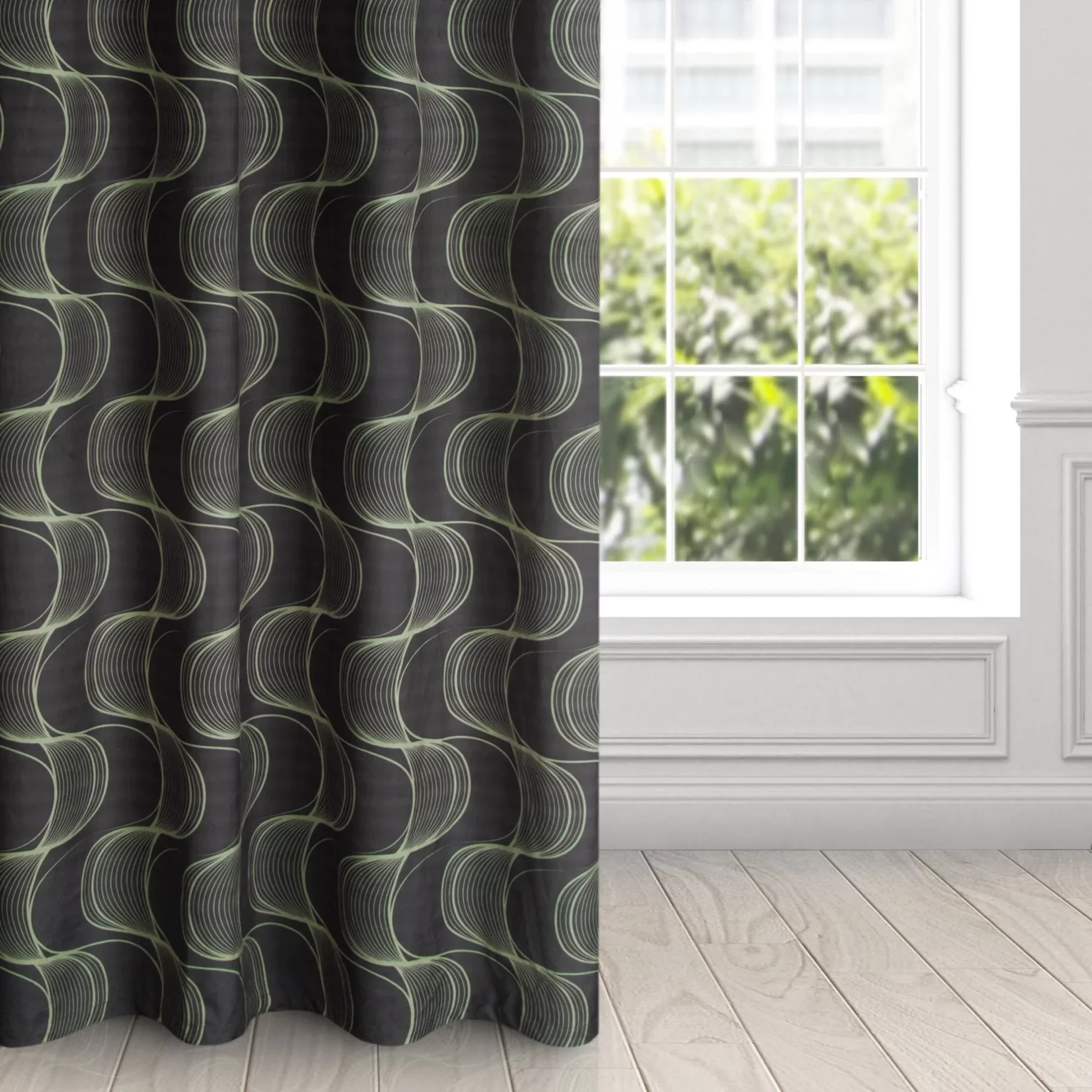 Zasłona czarno, zielona z wzorem pionowych fal, z welwetu 140x250 cm przelotka - POLA