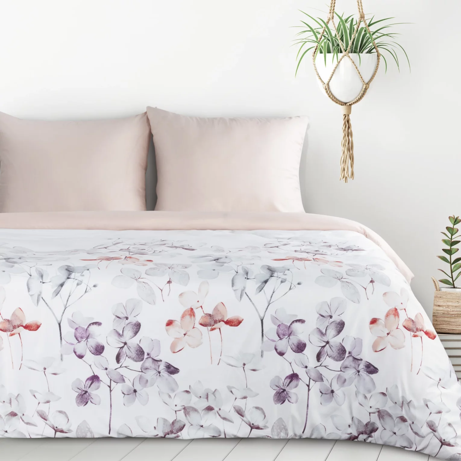 Pościel 140x200 cm komplet 2 częściowy kolor biało, pudrowy z motywem kwiatów VERONO7 Design 91