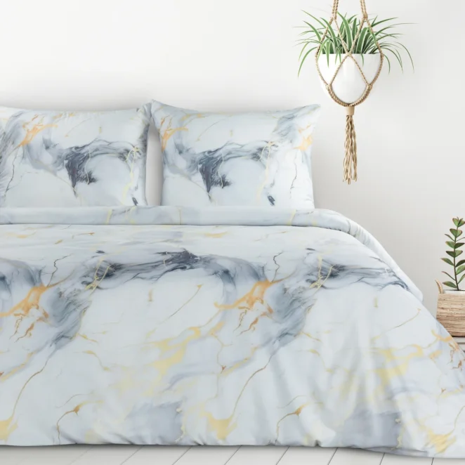 Pościel 140x200 cm komplet 2 częściowy kolor biały, stalowy z motywem marmurku VERANO 12 Design 91