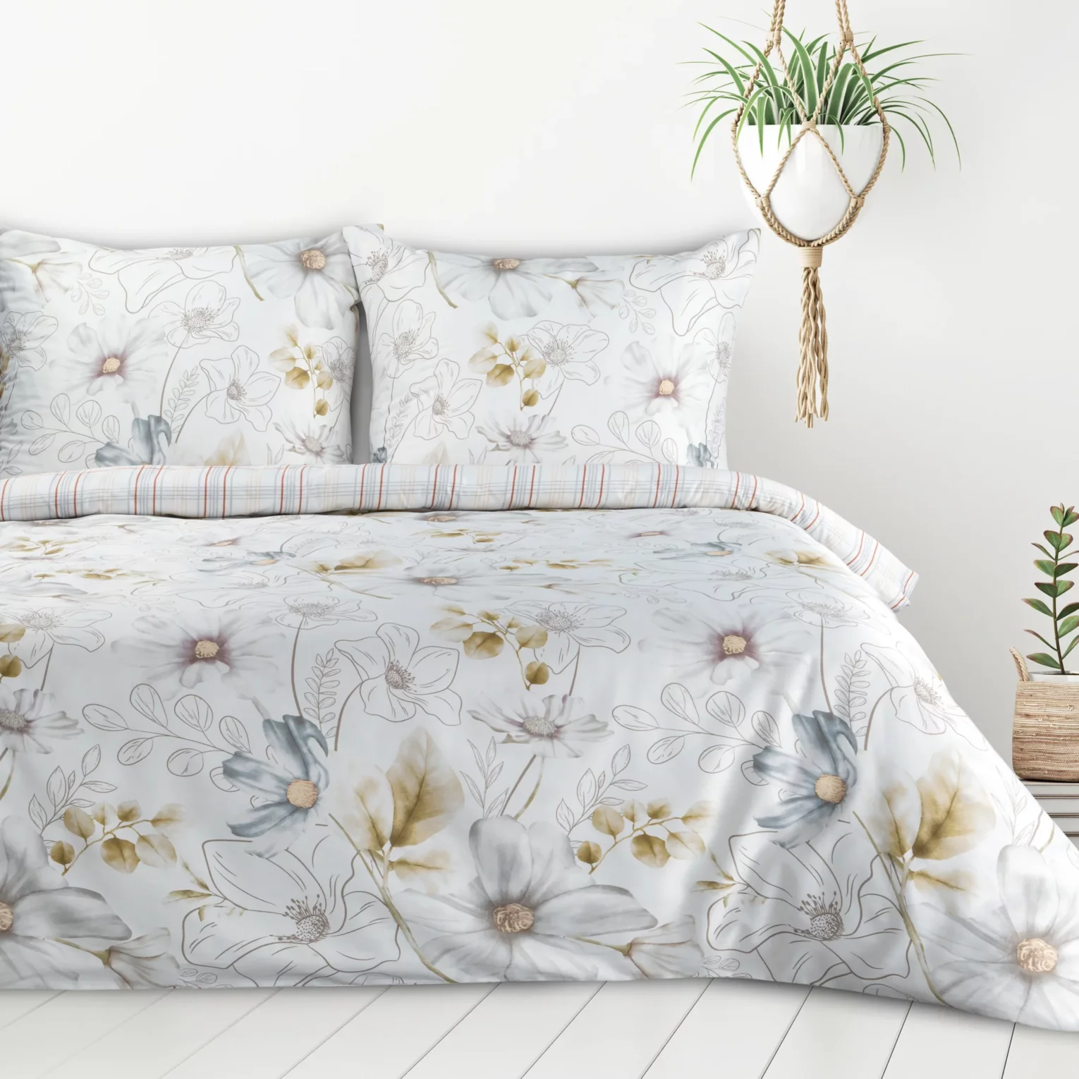 Pościel 140x200 cm komplet 2 częściowy z mieszanki włókien kolor biały, musztardowy z nadrukiem kwiatów LEA9 Design 91