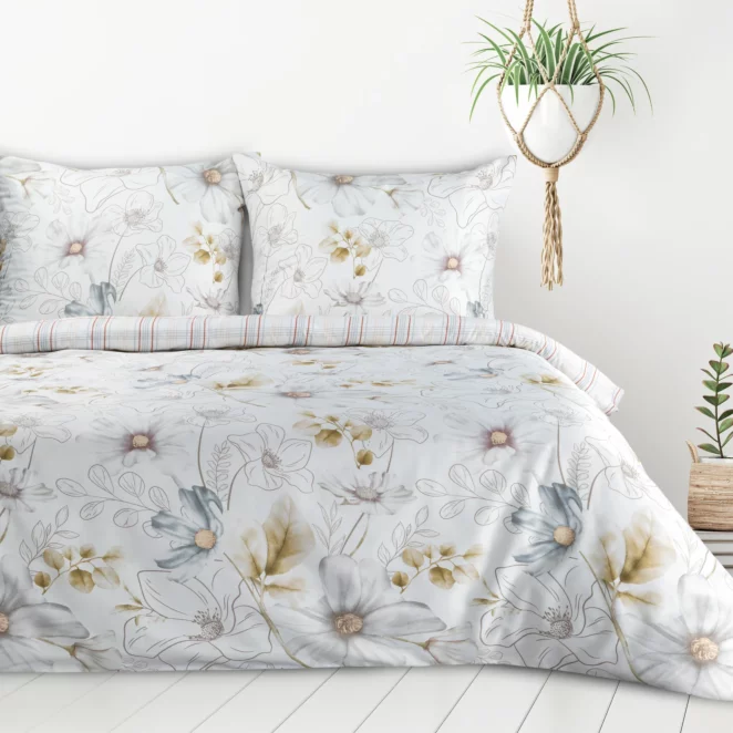 Pościel 140x200 cm komplet 2 częściowy z mieszanki włókien kolor biały, musztardowy z nadrukiem kwiatów LEA9 Design 91
