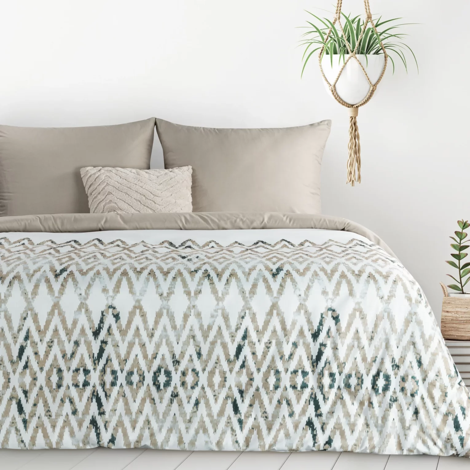 Pościel 160x200 cm komplet 3 częściowy kolor biały, beżowy z motywem geometrycznym VERANO 4 Design 91