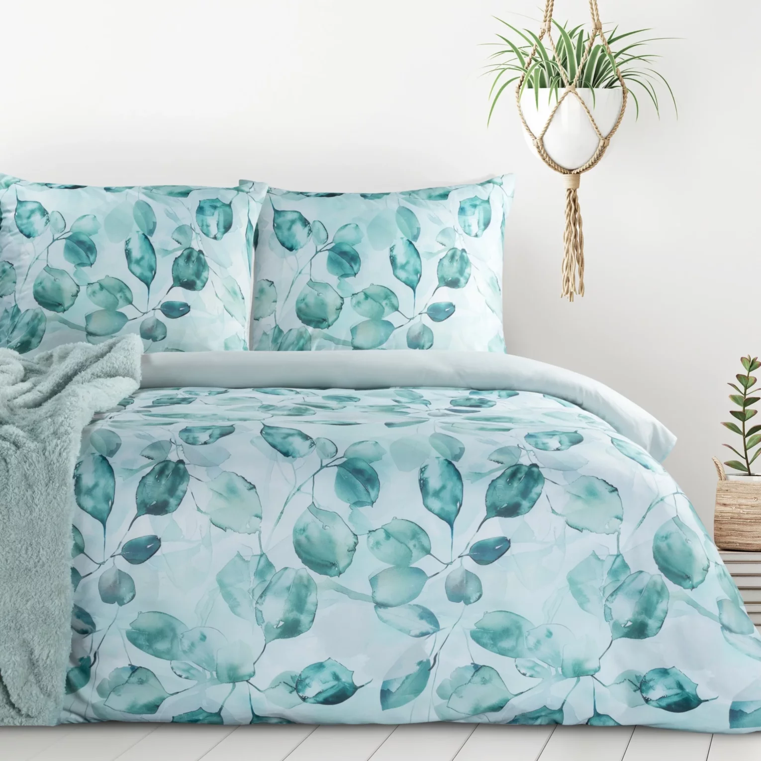 Pościel 160x200 cm komplet 3 częściowy kolor miętowy, ciemnomiętowy z motywem liści VERANO 5 Design 91
