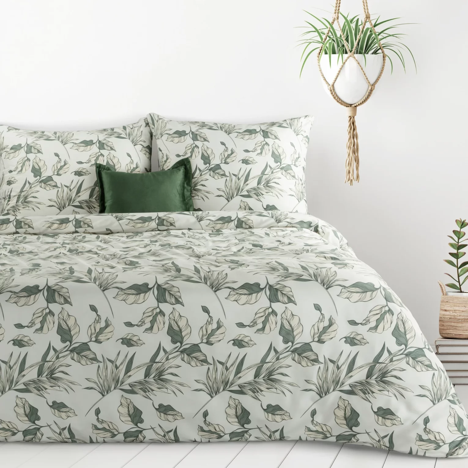Pościel 160x200 cm komplet 3 częściowy kolor zielono, biały z motywem liści DONNA Design 91