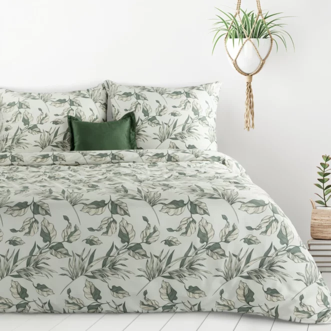 Pościel 160x200 cm komplet 3 częściowy kolor zielono, biały z motywem liści DONNA Design 91