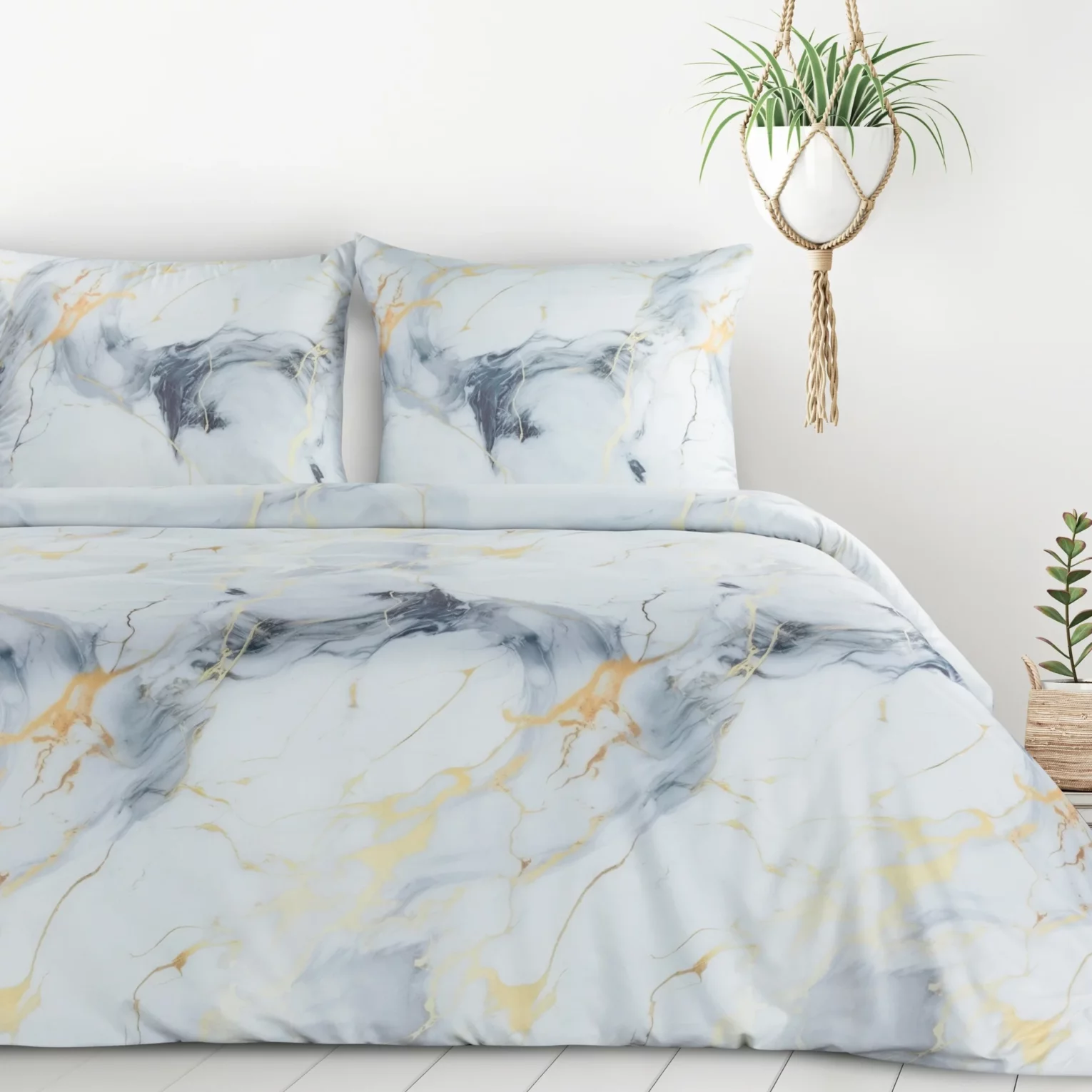 Pościel 220x200 cm komplet 3 częściowy kolor biały, stalowy z motywem marmurku VERANO 12 Design 91