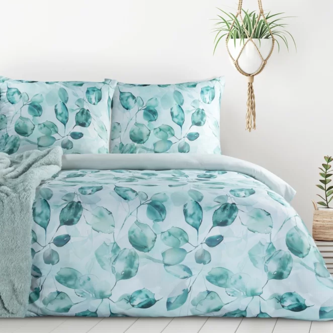 Pościel 220x200 cm komplet 3 częściowy kolor miętowy, ciemnomiętowy z motywem liści VERANO 5 Design 91