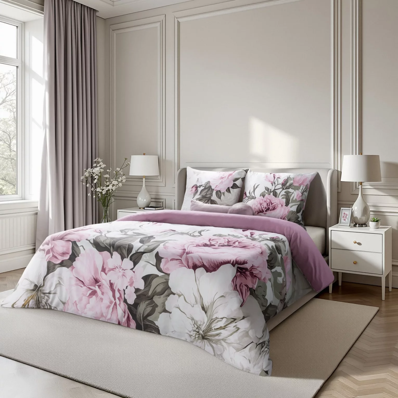 Pościel bawełniana 140x200 cm komplet 2 częściowy kolor wrzosowo biały z motywem peoni - PEONY