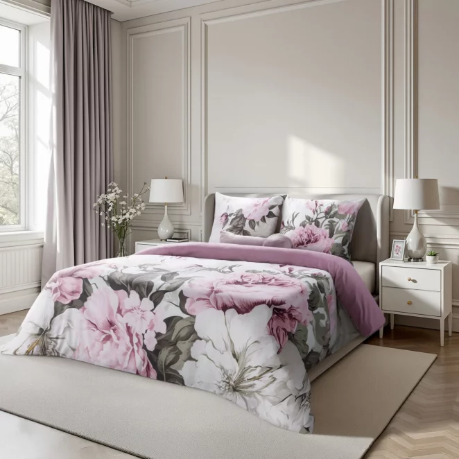 Pościel bawełniana 140x200 cm komplet 2 częściowy kolor wrzosowo biały z motywem peoni - PEONY