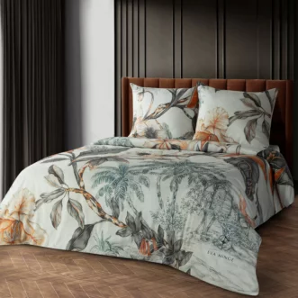Pościel bawełniana z makosatyny 160x200 cm komplet 3 częściowy kolor kremowy, pomarańczowy z designerskim nadrukiem AIKO Eva Minge