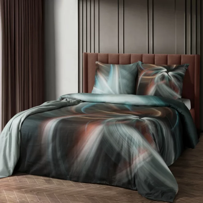 Pościel bawełniana z makosatyny 160x200 cm komplet 3 częściowy  kolor stalowy, turkusowy z designerskim wzorem PRISMA Eva Minge