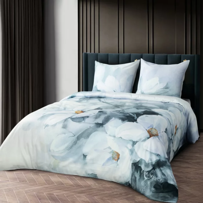 Pościel bawełniana z makosatyny 220x200 cm komplet 3 częściowy kolor miętowy, kremowy z wzorem designerskim BLOOM Eva Minge