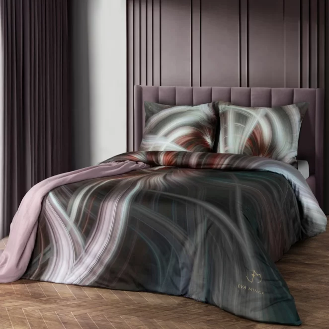 Pościel bawełniana z makosatyny 220x200 cm komplet 3 częściowy  kolor stalowy, fioletowy z designerskim wzorem SIERRA Eva Minge