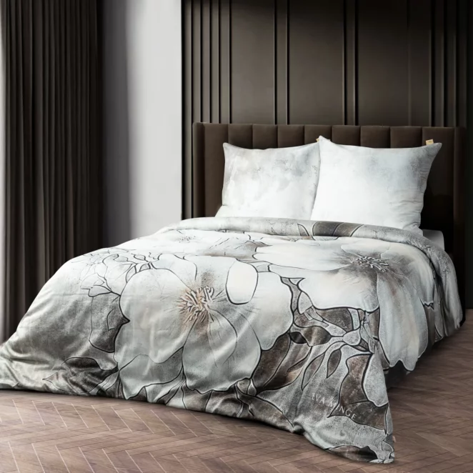 Pościel bawełniana z makosatyny 220x200 cm komplet 3 częściowy kolor szarobeżowy, beżowy z wzorem designerskim DAISY Eva Minge