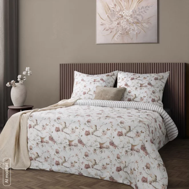 Pościel satynowa 140x200 cm komplet 2 częściowy  kolor biało, różowy zdobiona nadrukiem roślinnym RAYA 2