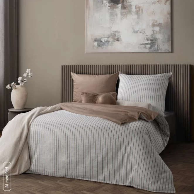 Pościel satynowa 160x200 cm komplet 3 częściowy kolor biało, beżowy w paseczki RAYA