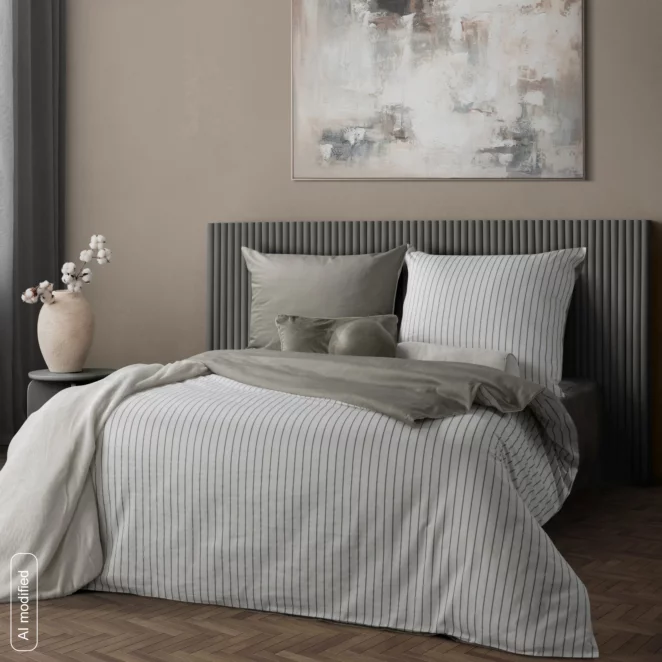 Pościel satynowa 160x200 cm komplet 3 częściowy kolor biało, stalowy w paseczki RAYA