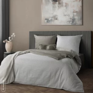 Pościel satynowa 160x200 cm komplet 3 częściowy kolor biało, stalowy w paseczki RAYA