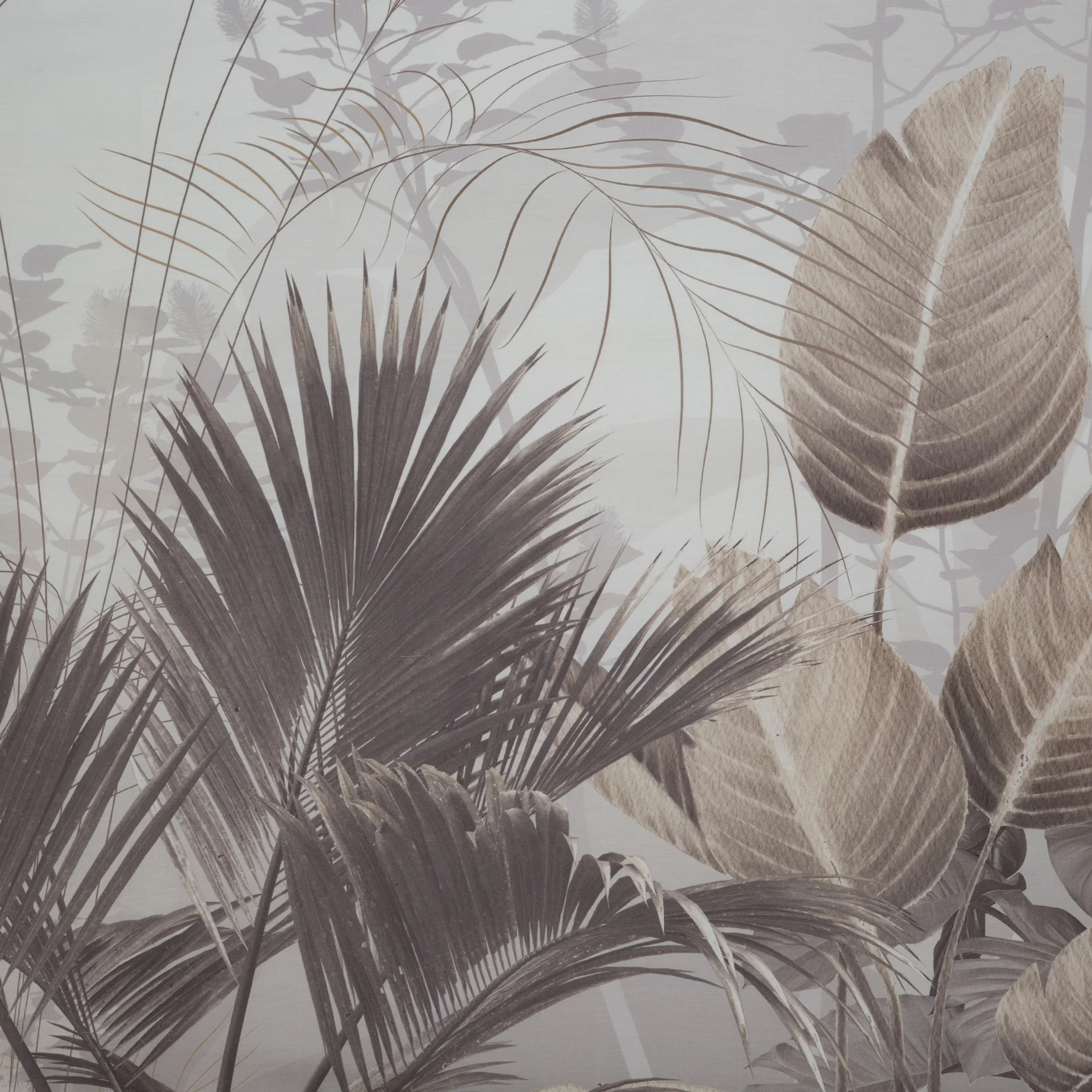 Pościel satynowa 220x200 cm komplet 3 częściowy kolor kremowy, ciemnobeżowy z nadrukiem egzotycznych liści palm Eurofirany Premium