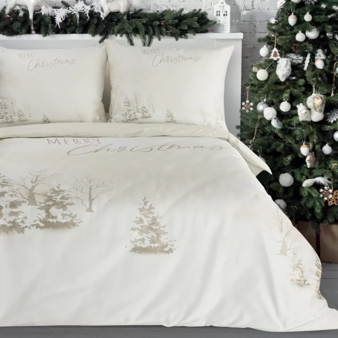 Pościel świąteczna 140x200 cm komplet 2 częściowy kolor beżowy, biały z subtelnym nadrukiem  SNOWFLAKE