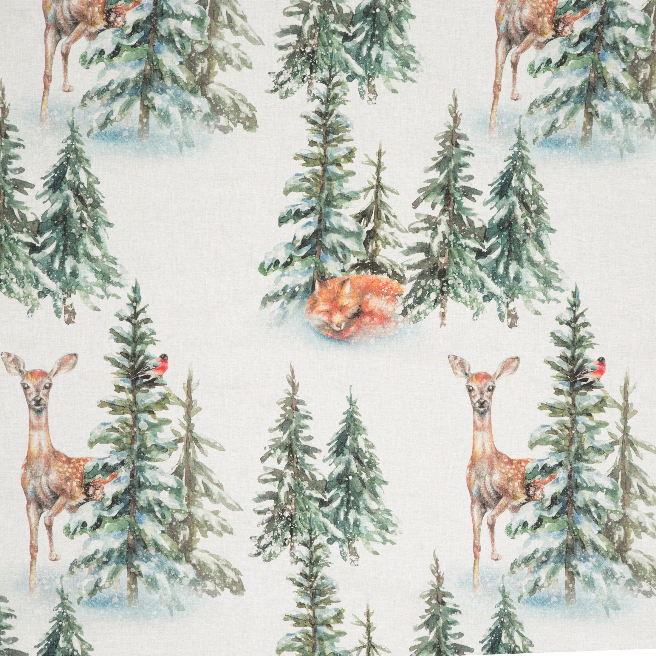 Pościel świąteczna 160x200 cm komplet 3 częściowy bawełna ranforce kolor biały, zielony z nadrukiem zimowego lasu DEER