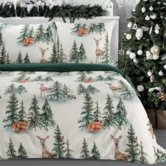 Pościel świąteczna 220x200 cm komplet 3 częściowy bawełna ranforce kolor biały, zielony z nadrukiem zimowego lasu DEER