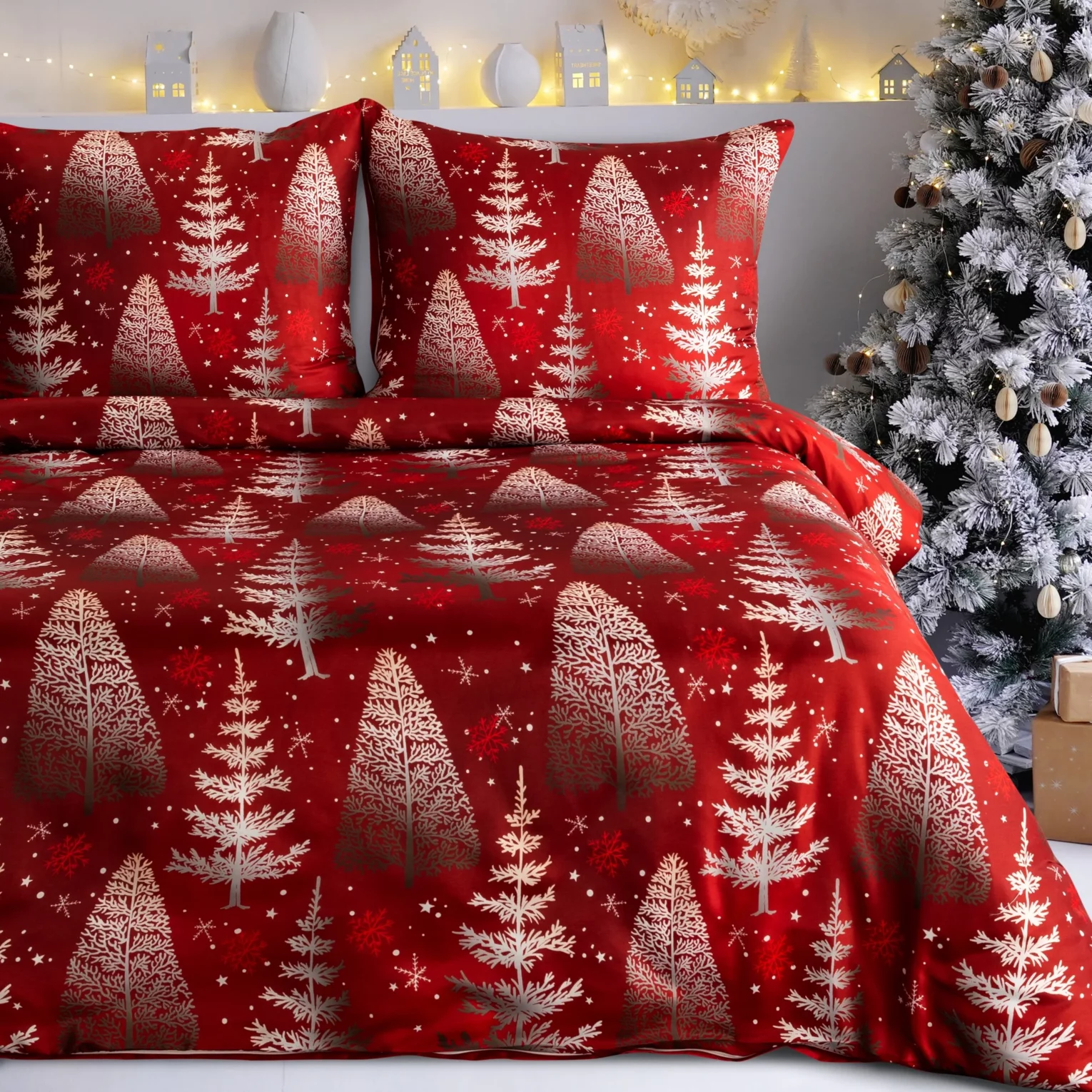 Pościel świąteczna 220x200 cm komplet 3 częściowy kolor czerwony, biały zdobiona nadrukiem RUBIN