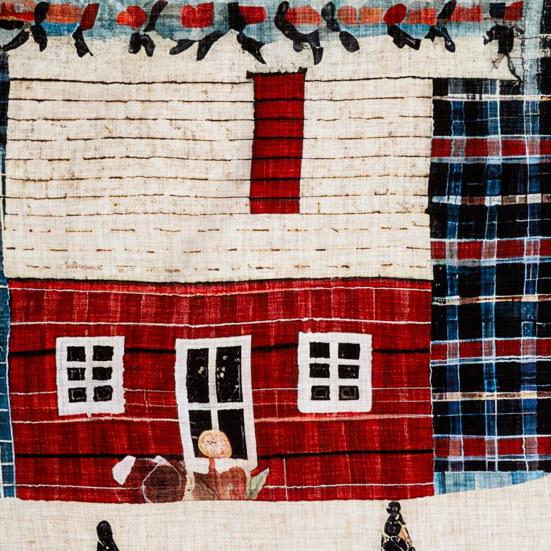 Pościel świąteczna 220x200 cm komplet 3 częściowy z satyny bawełnianej, kolor czerwony, niebieski zdobiona nadrukiem świątecznego miasteczka NIKO