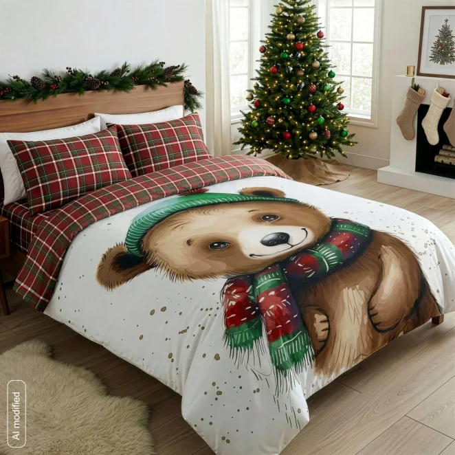 Pościel świąteczna brązowo-bordowa komplet 2 częściowy z motywem uroczego misia i kraty 140x200 cm CUDDLE