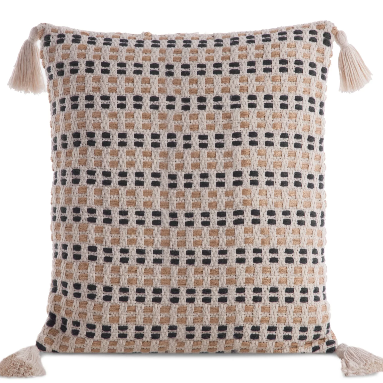 Poszewka na poduszkę 45x45 cm bawełniana kremowo czarna z ozdobnymi chwostami na rogach BOHO