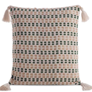 Poszewka na poduszkę 45x45 cm bawełniana kremowo zielona z ozdobnymi chwostami na rogach BOHO