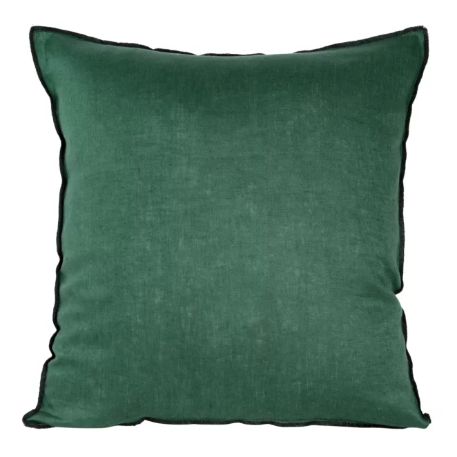 Poszewka na poduszkę 45x45 cm z naturalnej lnianej tkaniny obszyta czarną nicią zielona LEN