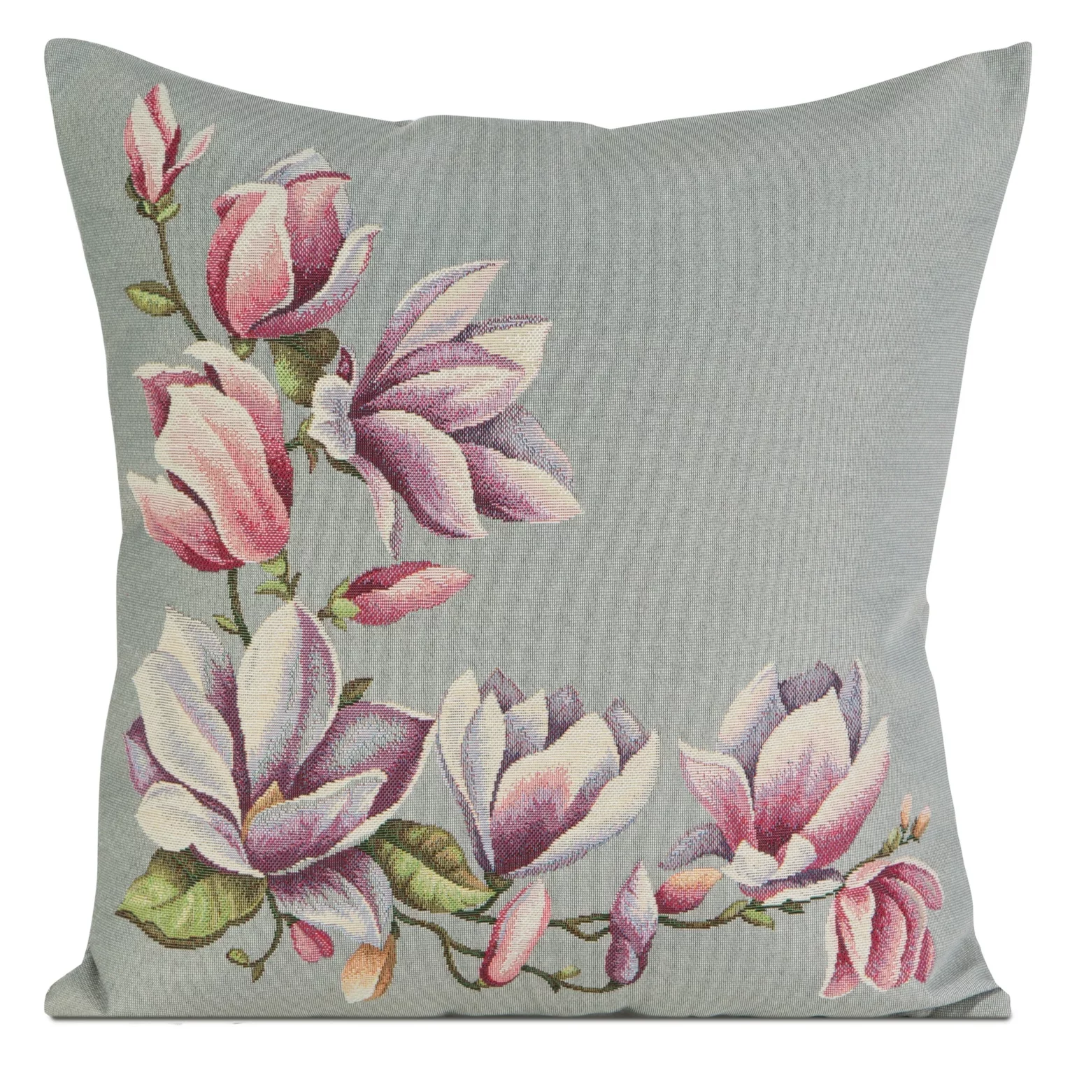 Poszewka na poduszkę 45x45 cm gobelinowa popielato, różowa z tkanym motywem kwitnących magnolii GOB