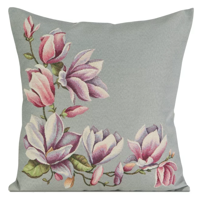 Poszewka na poduszkę 45x45 cm gobelinowa popielato, różowa z tkanym motywem kwitnących magnolii GOB