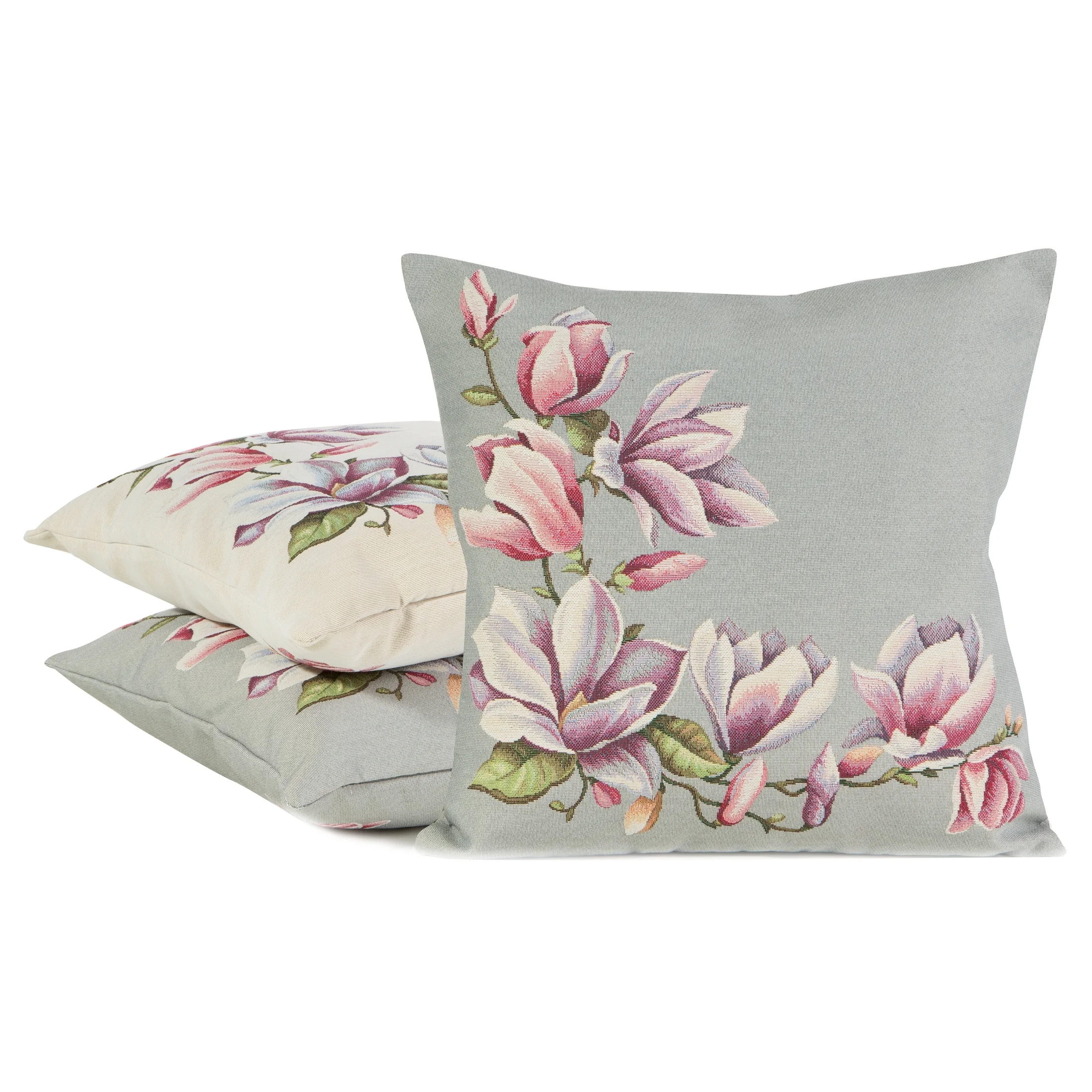 Poszewka na poduszkę 45x45 cm gobelinowa popielato, różowa z tkanym motywem kwitnących magnolii GOB