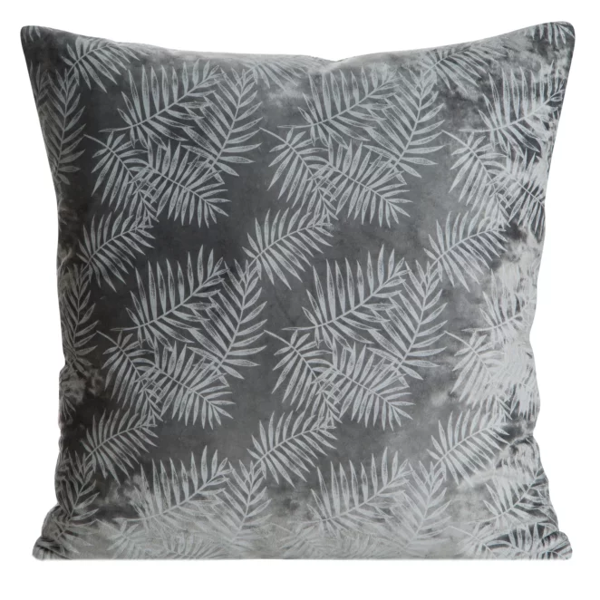 Poszewka na poduszkę 45x45 cm z miękkiego welwetu grafitowa z nadrukiem liści palmy VELVET 74 Eurofirany Premium