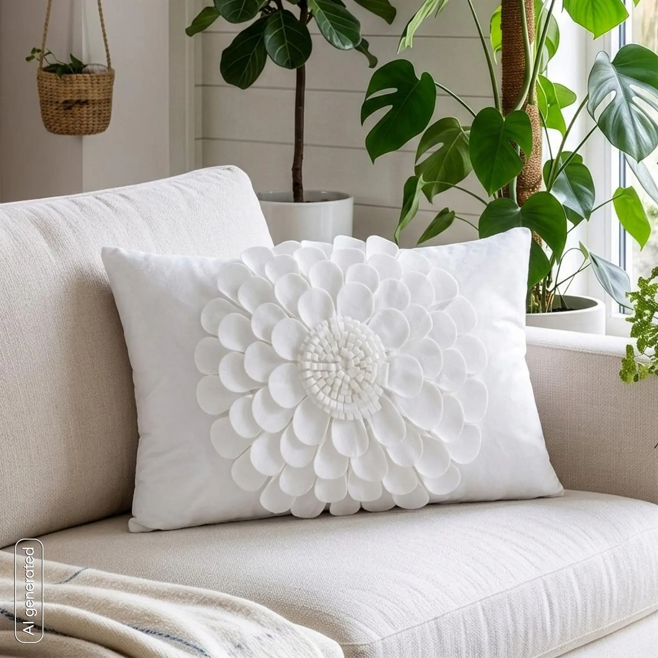 Poszewka na poduszkę 30 x 50 cm z welwetu kolor kremowy zdobiona trójwymiarowym motywem kwiatu FLORES 2