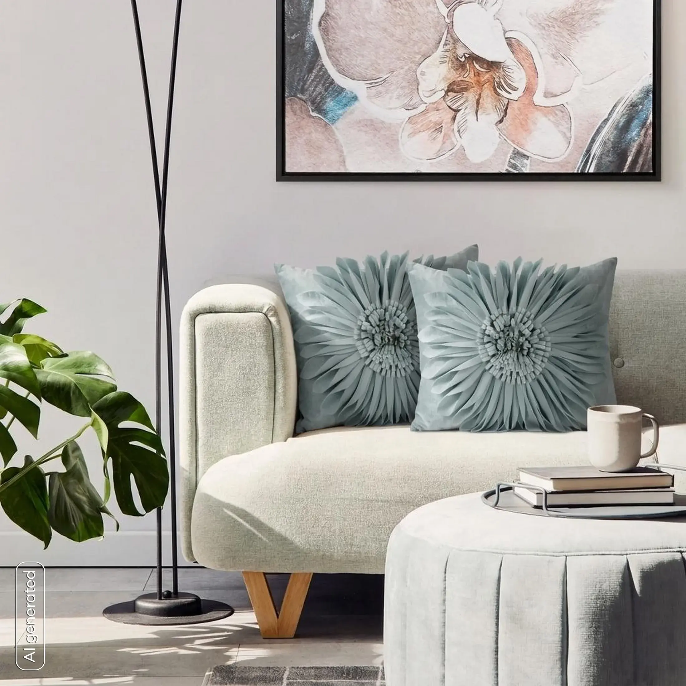 Poszewka na poduszkę 30 x 50 cm z welwetu kolor miętowy zdobiona dużym kwiatem 3D FLORES 3