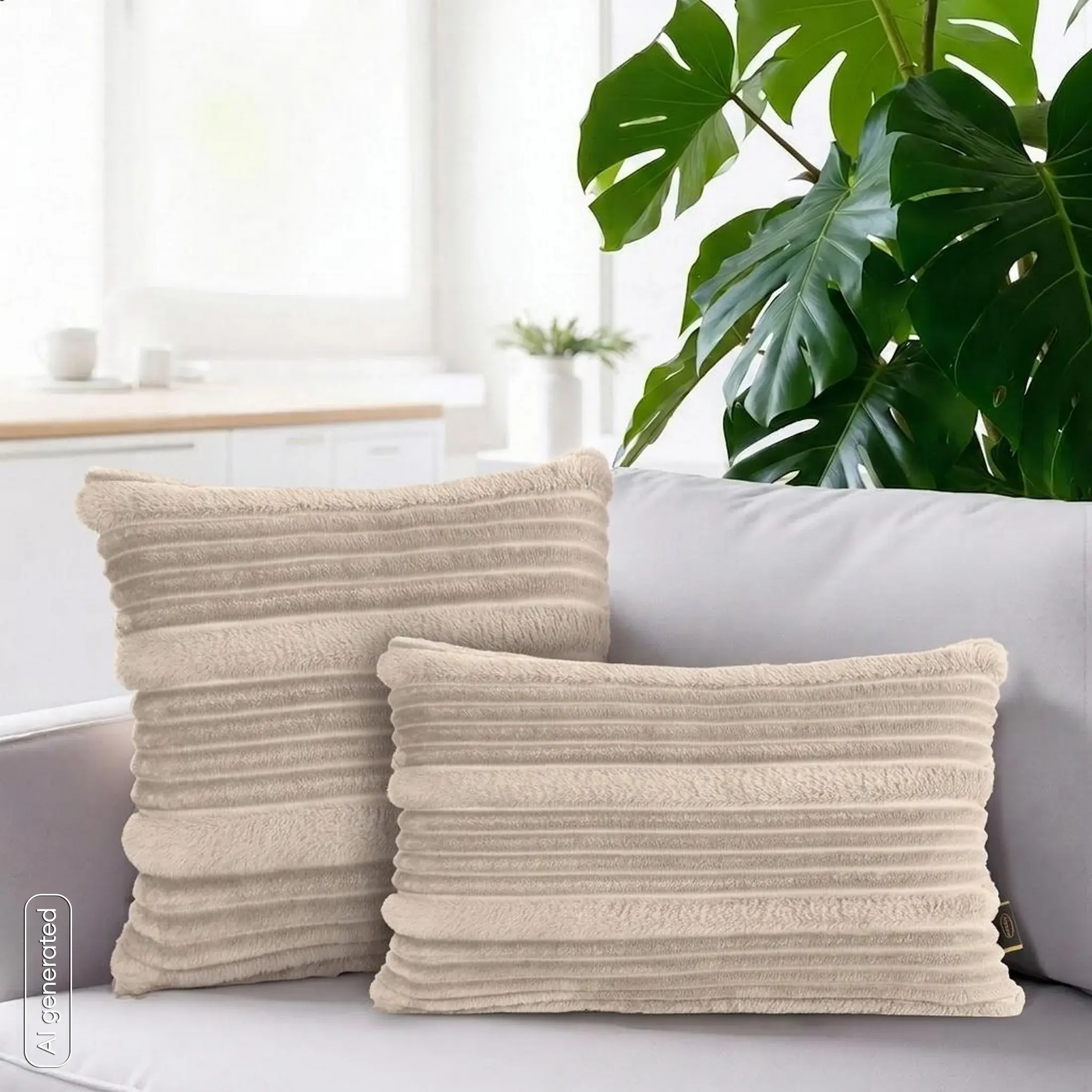 Poszewka na poduszkę 30x50 cm beżowa z przyjemnie miękkiej tkaniny w trójwymiarowe prążki NINA