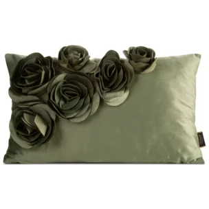 Poszewka na poduszkę 30x50 cm oliwkowa welwetowa zdobiona trójwymiarowymi różami  FLORES1