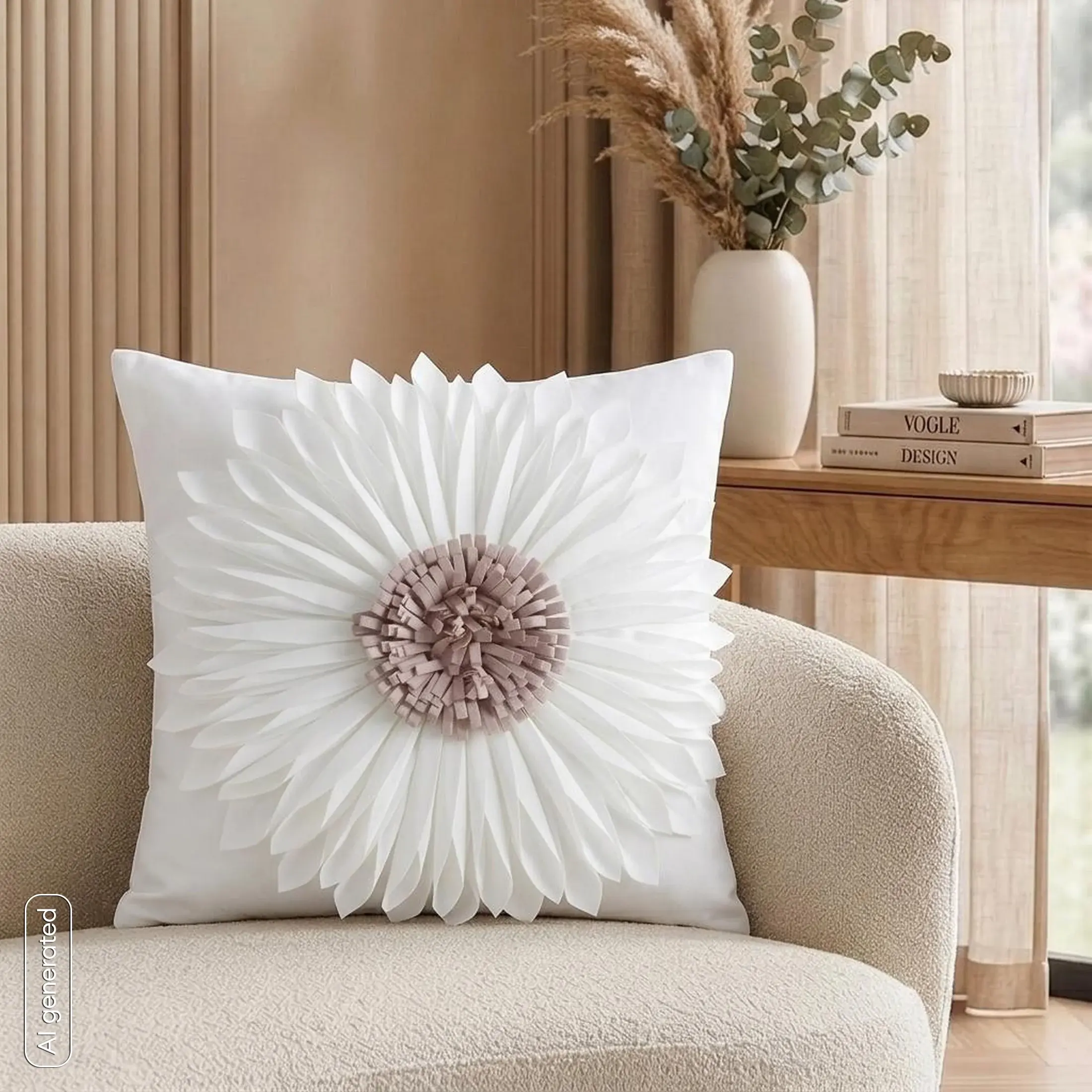 Poszewka na poduszkę 45 x 45 cm z welwetu kolor kremowo, pudrowy zdobiona dużym kwiatem 3D FLORES 3