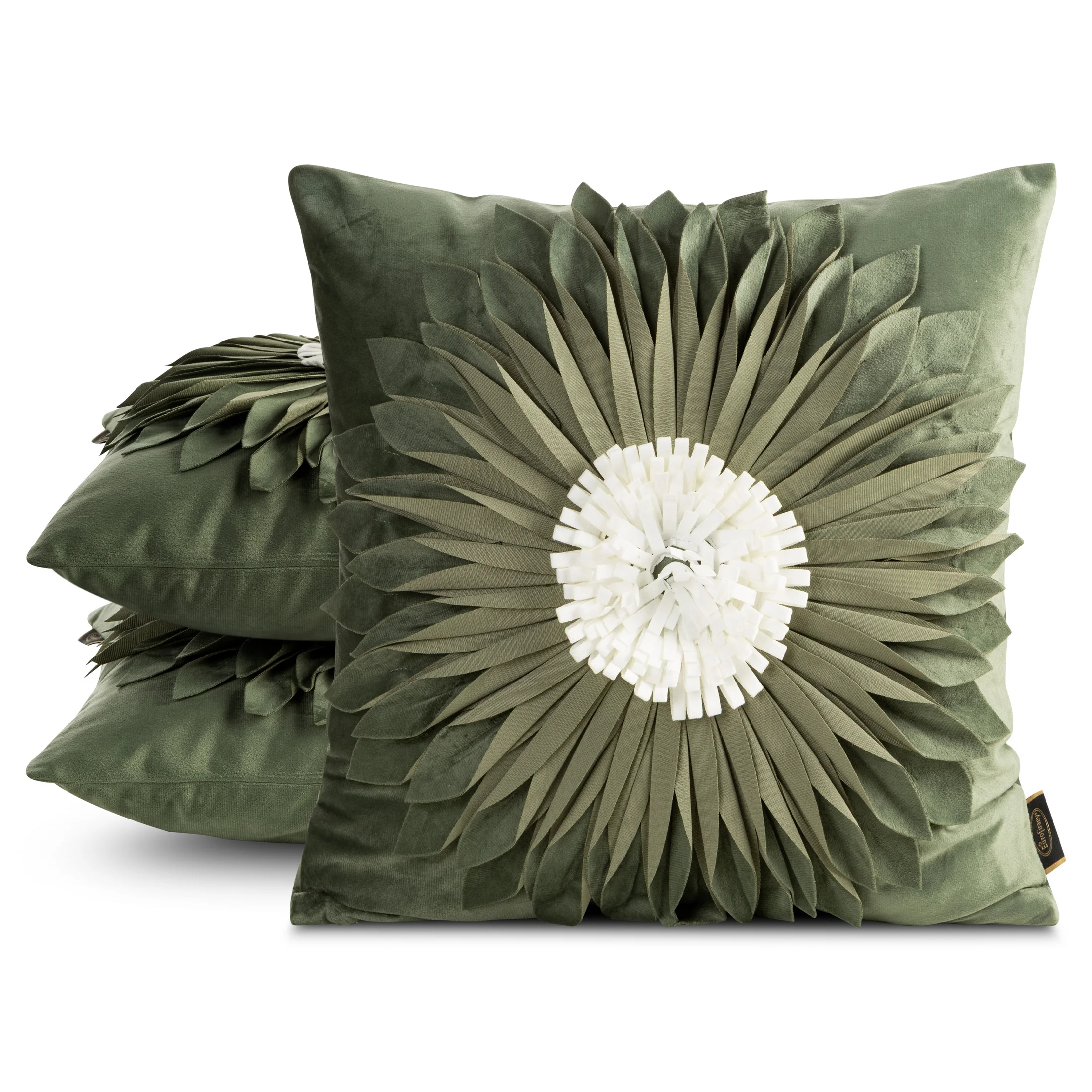 Poszewka na poduszkę 45 x 45 cm z welwetu kolor oliwkowo-kremowy zdobiona dużym kwiatem 3D FLORES 3