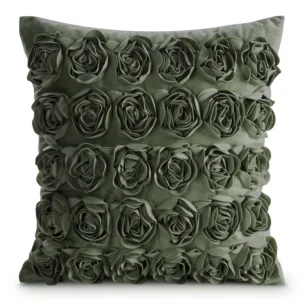 Poszewka na poduszkę 45 x 45 cm z welwetu kolor oliwkowy zdobiona 3D aplikacją róż ROSES Eva Minge