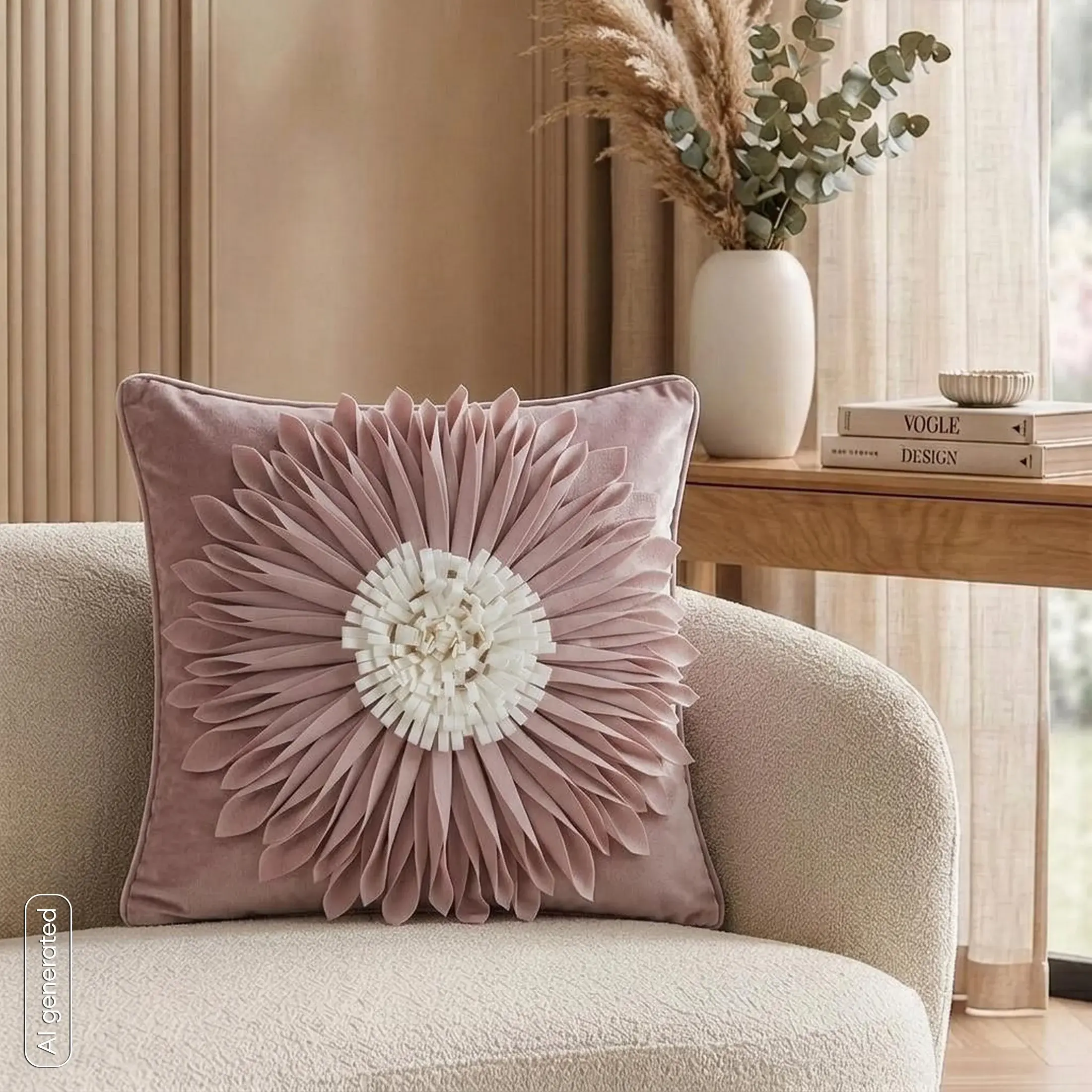 Poszewka na poduszkę 45 x 45 cm z welwetu kolor pudrowo, kremowy zdobiona dużym kwiatem 3D FLORES 3