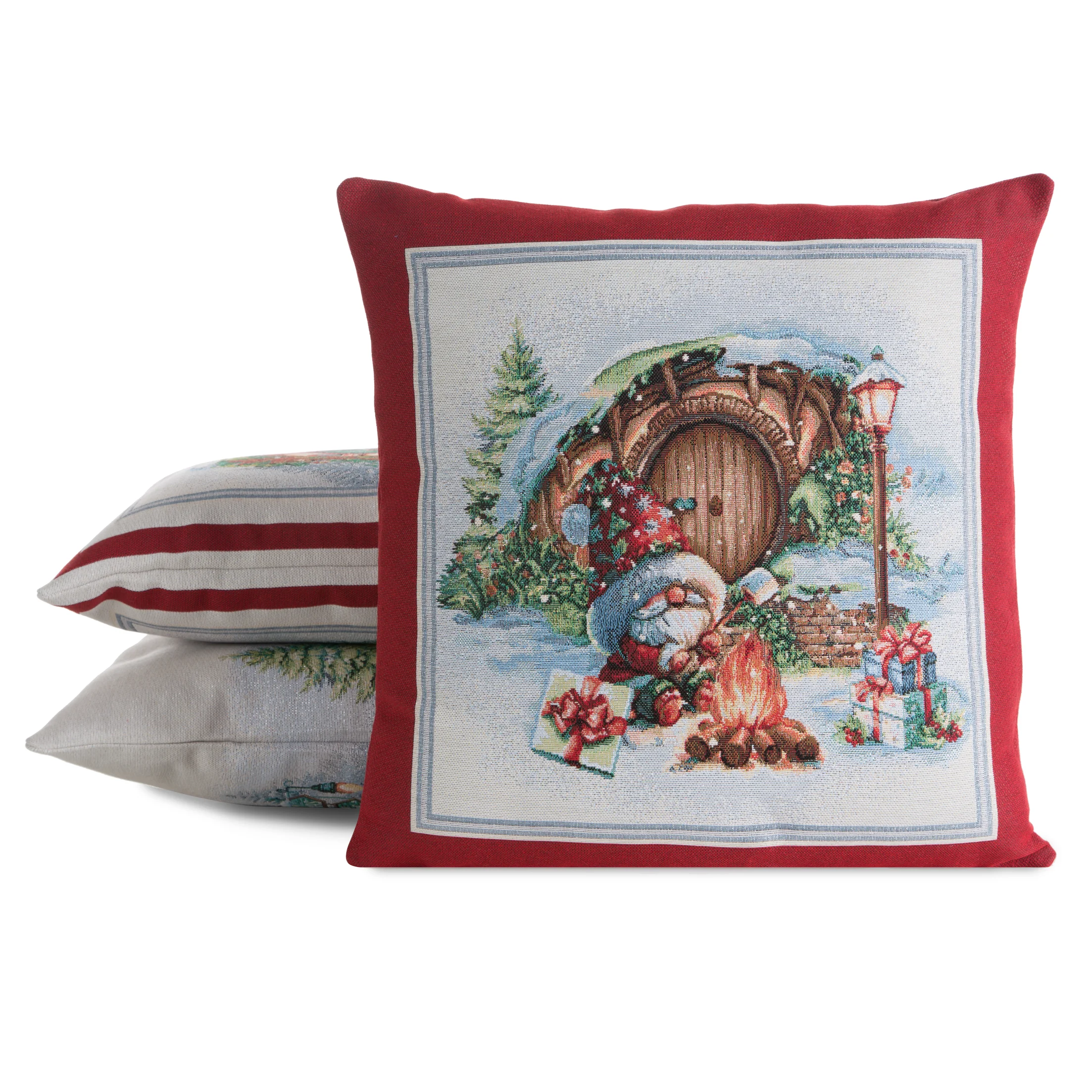 Poszewka na poduszkę 45x45 cm bawełniana, gobelinowa czerwono, naturalna z motywem świątecznym XMAS