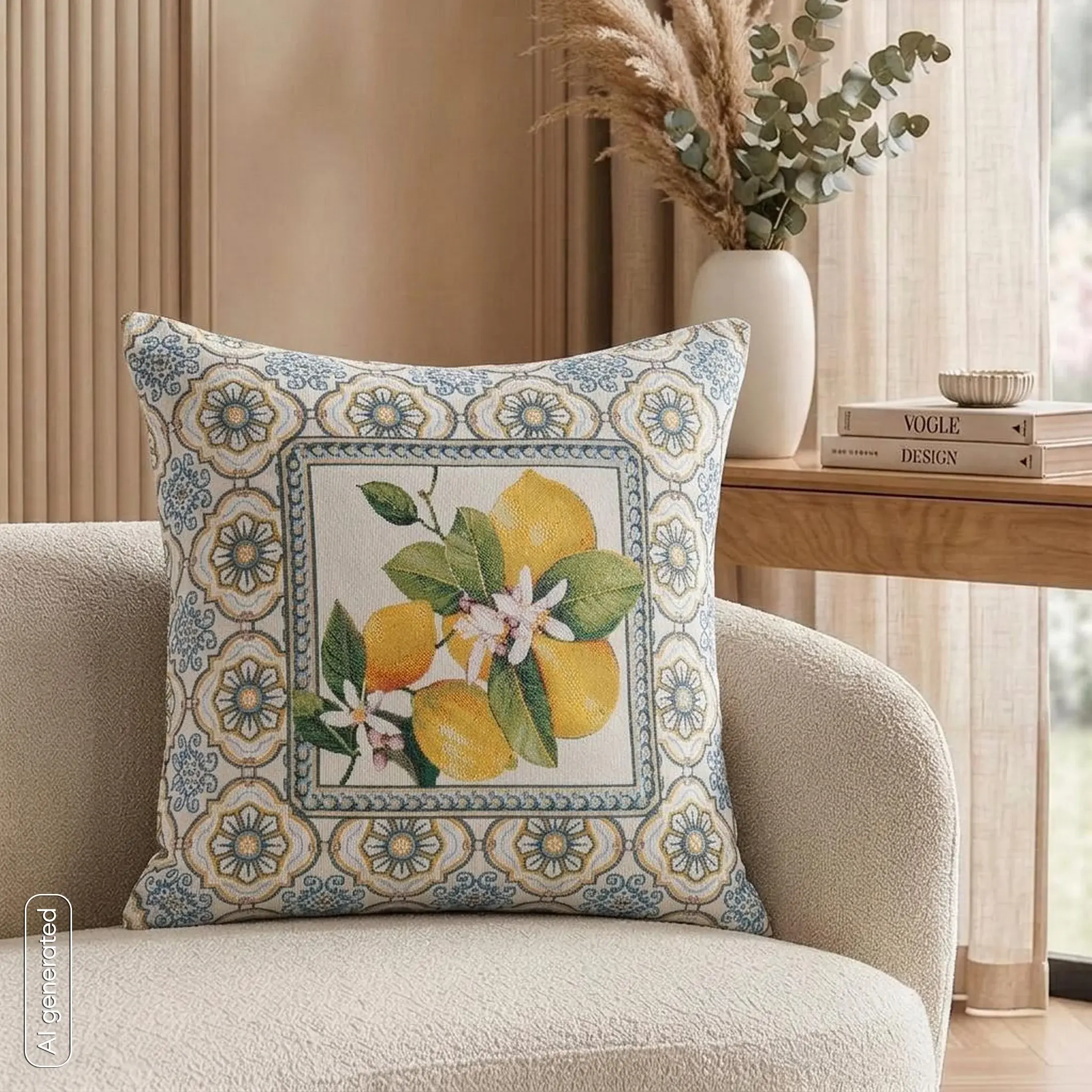 Poszewka na poduszkę 45x45 cm bawełniana, gobelinowa kolor naturalny żółty w modnym włoskim stylu w cytryny GOB