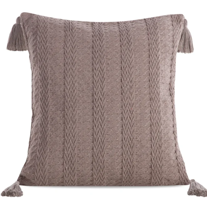 Poszewka na poduszkę 45x45 cm bawełniana kolor brązowy z ozdobnymi chwostami na rogach BOHO
