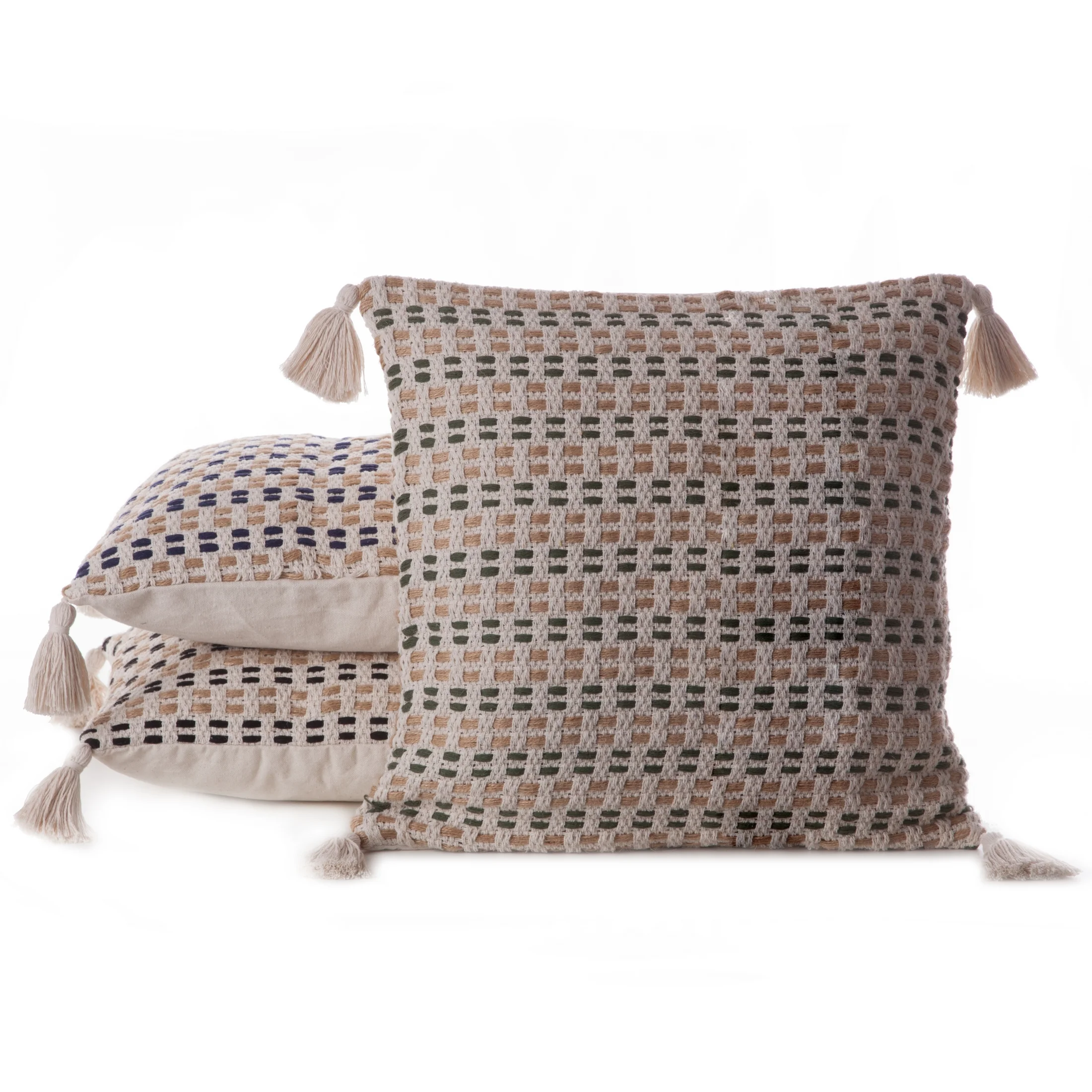 Poszewka na poduszkę 45x45 cm bawełniana kremowo czarna z ozdobnymi chwostami na rogach BOHO