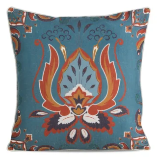 Poszewka na poduszkę 45x45 cm bawełniana z dodatkiem lnu z nadrukiem ornamentu turkusowo, pomarańczowa LEN