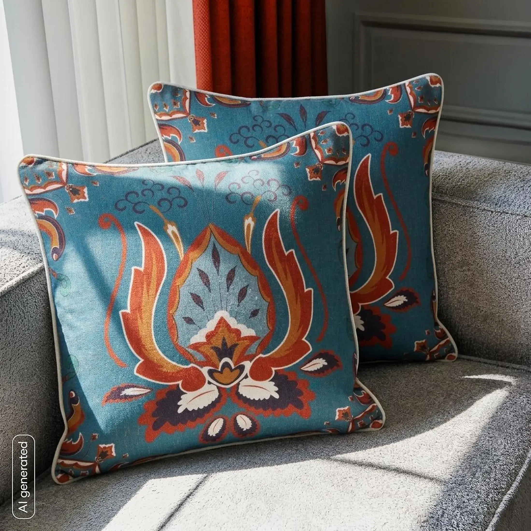 Poszewka na poduszkę 45x45 cm bawełniana z dodatkiem lnu z nadrukiem ornamentu turkusowo, pomarańczowa LEN